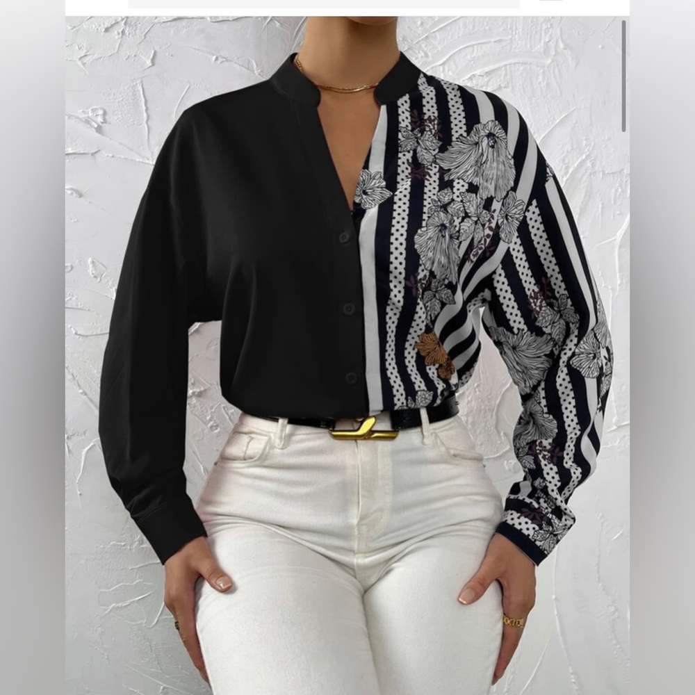 Floral And Striped Print Notched Neck Shirt